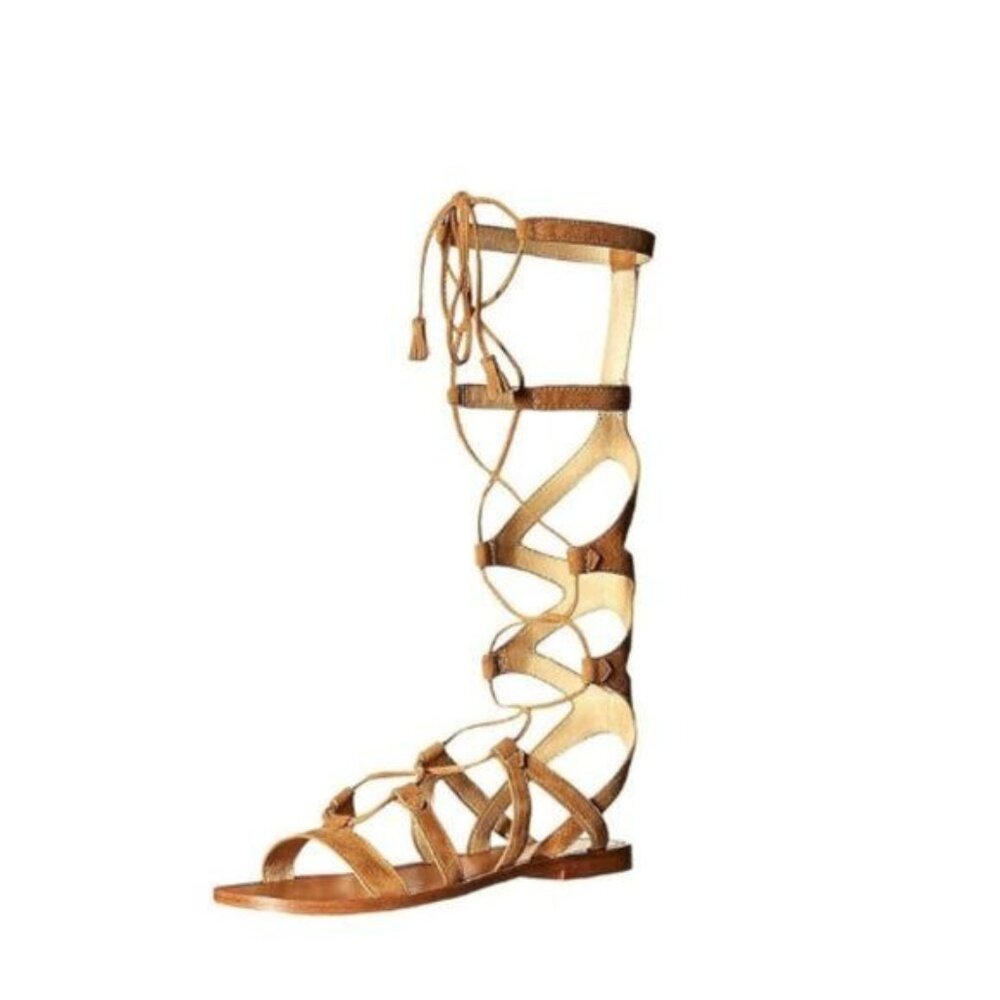 YDN Women Sexy Knee High Lace up Flats Fringe Low Heel Gladiator Strap Sandals S